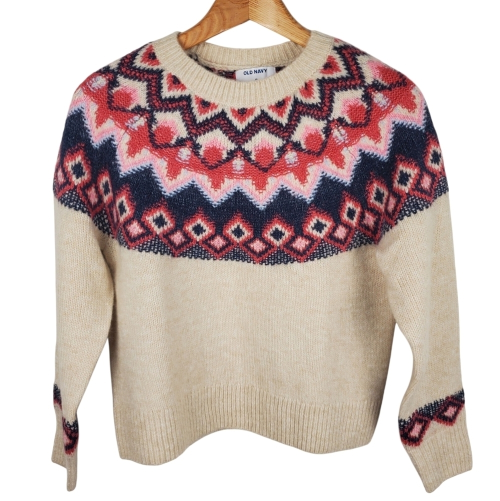 Old Navy Women's Patterned Sweater - Cream and Red. Fair Isle. XS. #0173